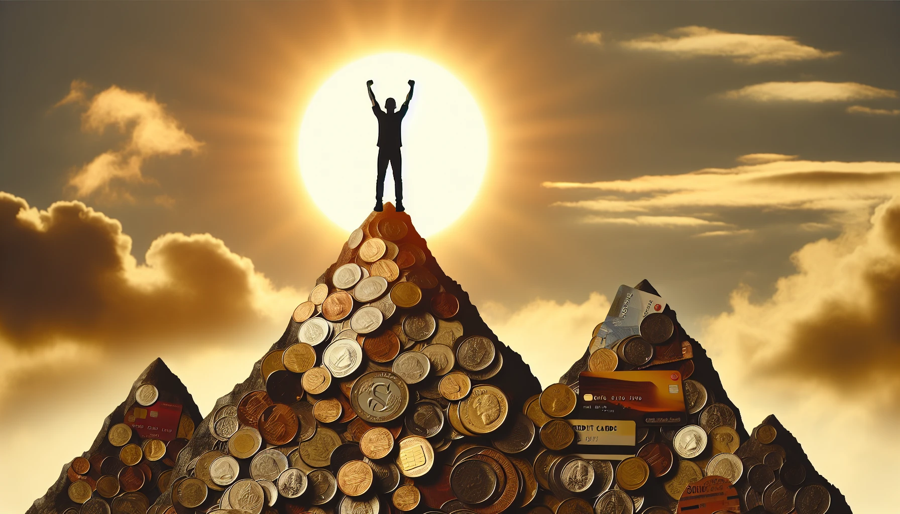 A person standing on a mountain peak, symbolizing overcoming financial challenges and breaking the stigma empowering individuals to overcome debts and bankruptcy